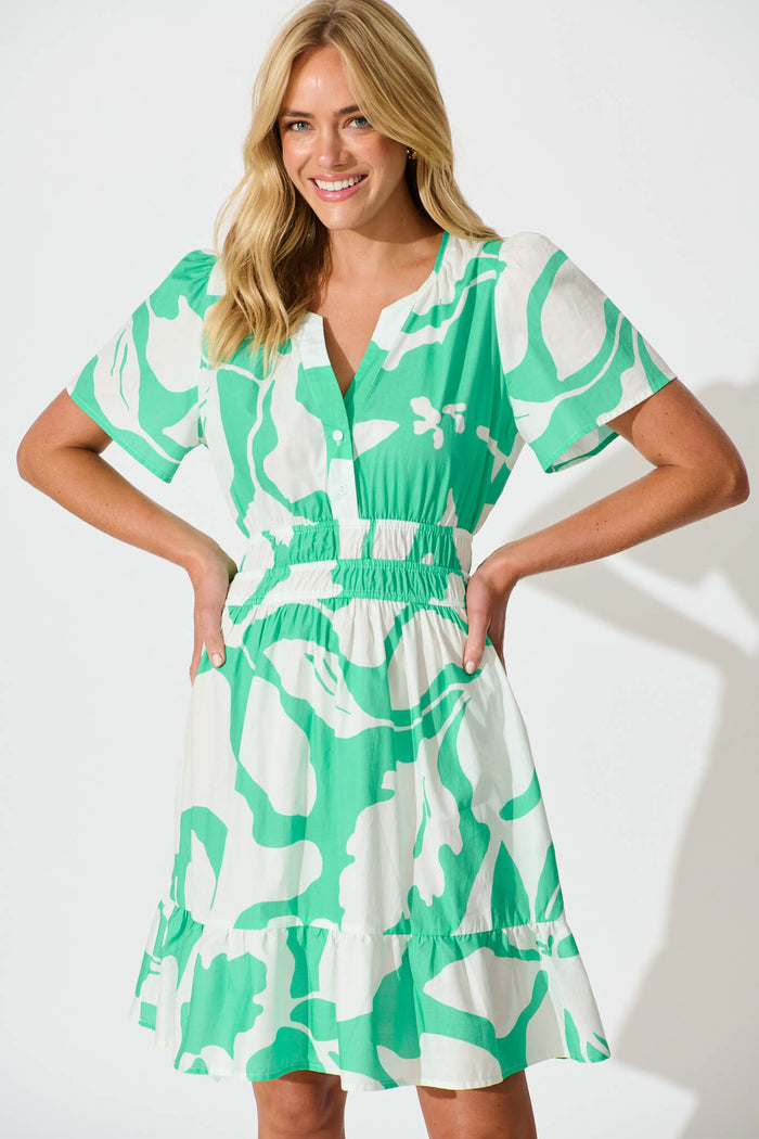 Quinlan Dress in Green Print Cotton - front