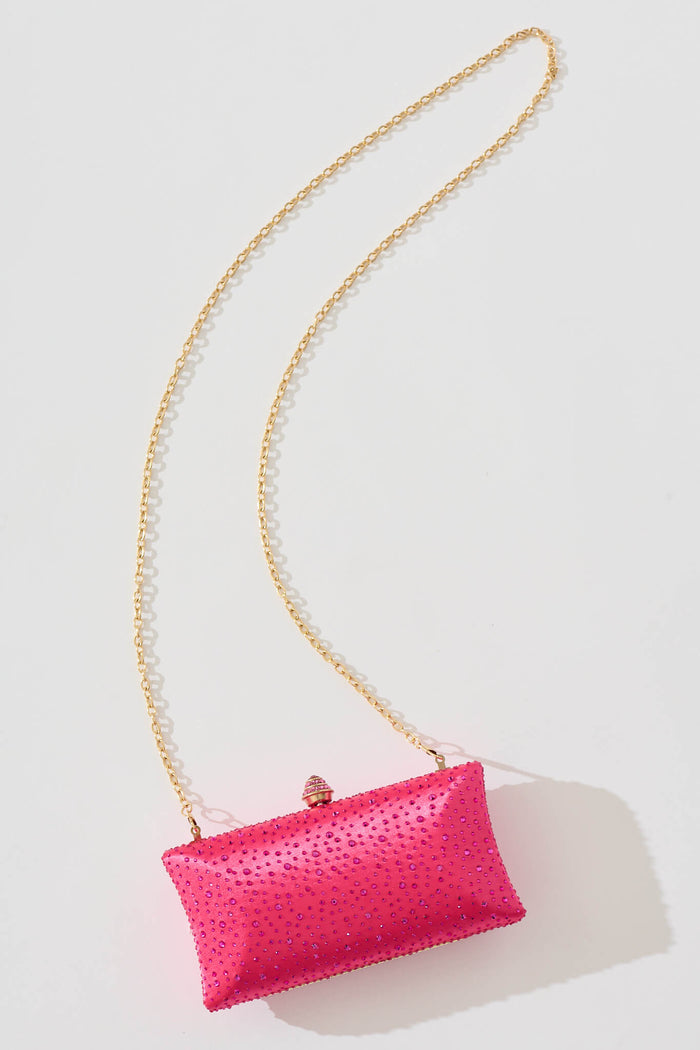 Sonia Clutch Bag in Pink Diamante flatlay