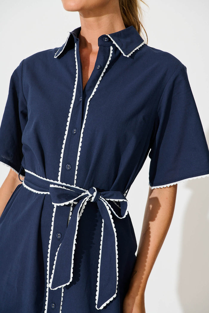 navy white shirt dress The Amalfi Stripe Silk Shirtdress with Belt for Women