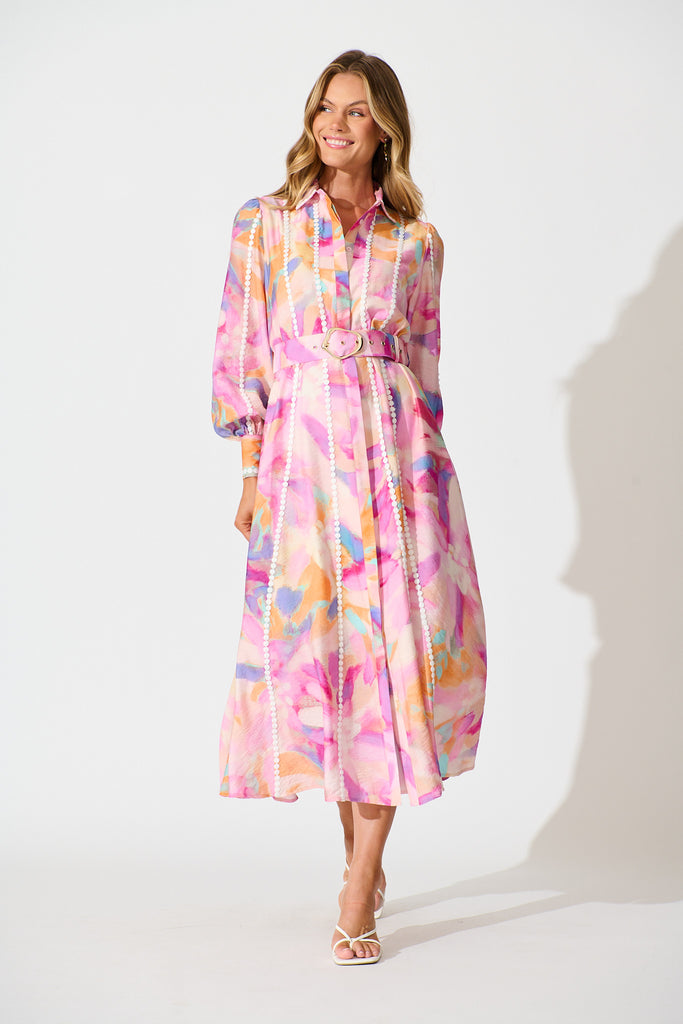 Lovingly Maxi Shirt Dress in Pink with Purple Watercolour full length