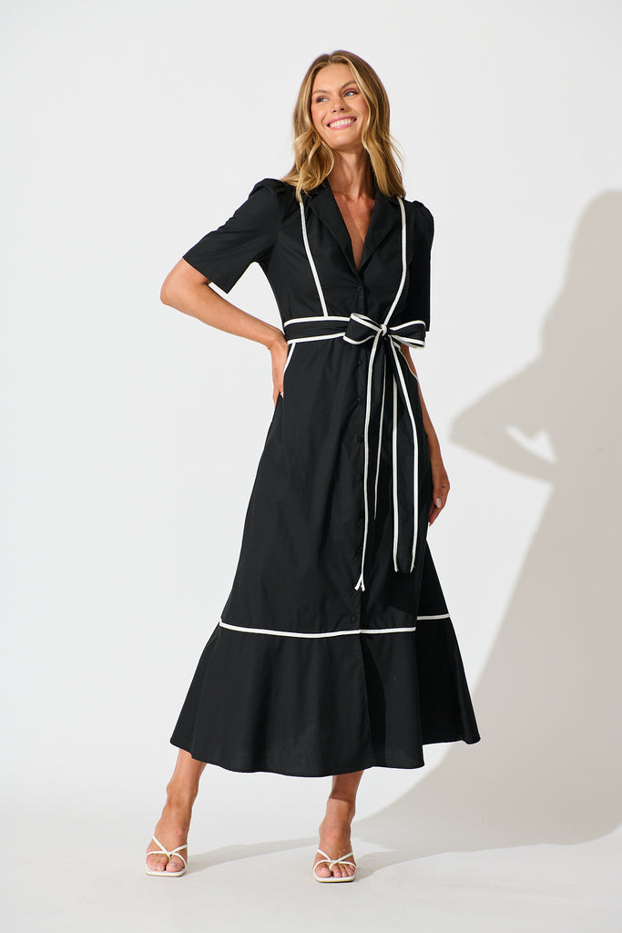 Rhea Maxi Shirt Dress in Black with Contrast Piping Cotton St Frock Rhea Maxi Shirt Dress in Black with Contrast Piping Cotton St Frock