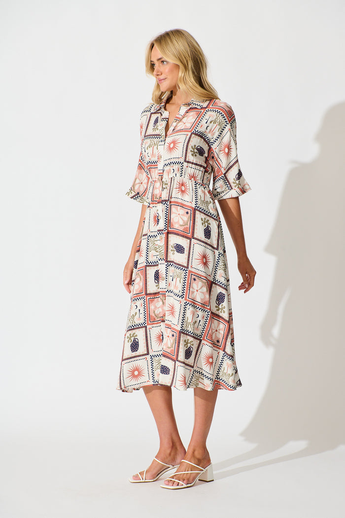 Charlotte Midi Shirt Dress In Cream With Rust Multi Patchwork Print side