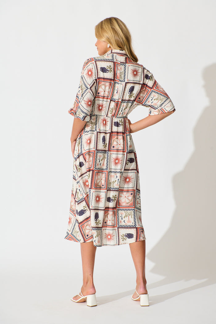 Charlotte Midi Shirt Dress In Cream With Rust Multi Patchwork Print back