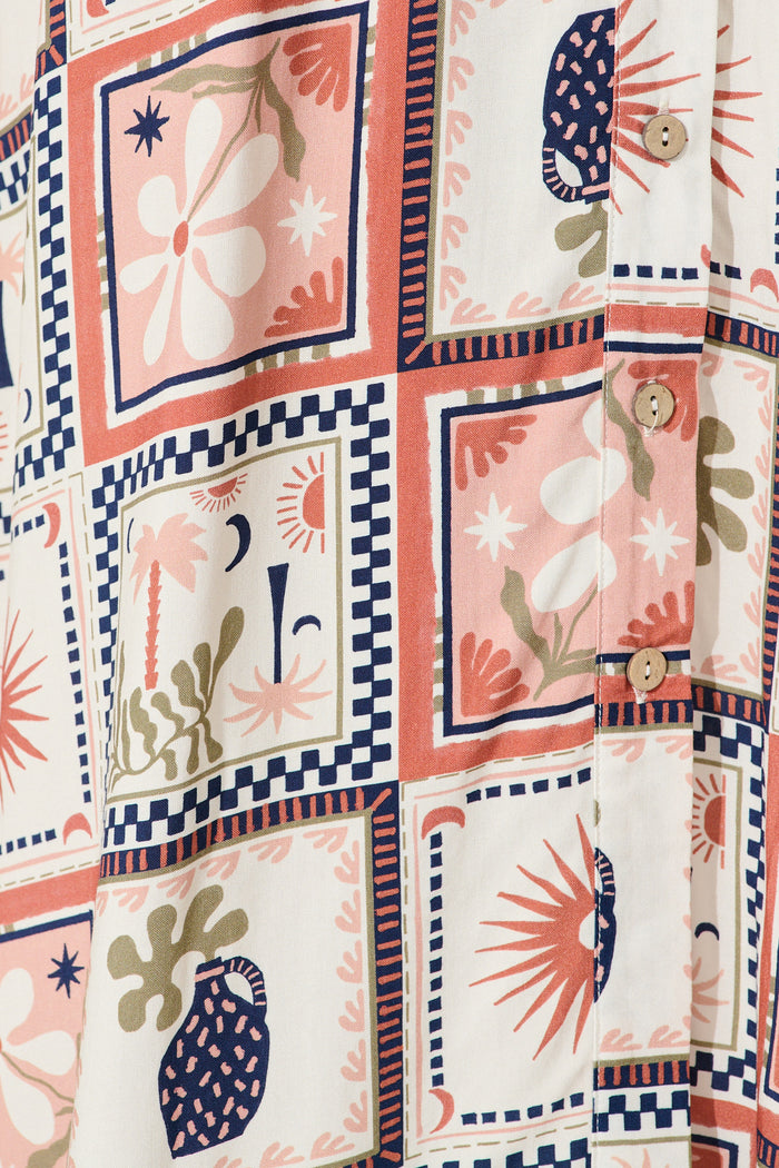 Charlotte Midi Shirt Dress In Cream With Rust Multi Patchwork Print fabric