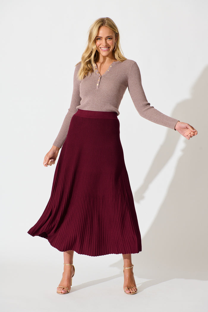Honeycup Knit Skirt In Wine Cotton Blend full length