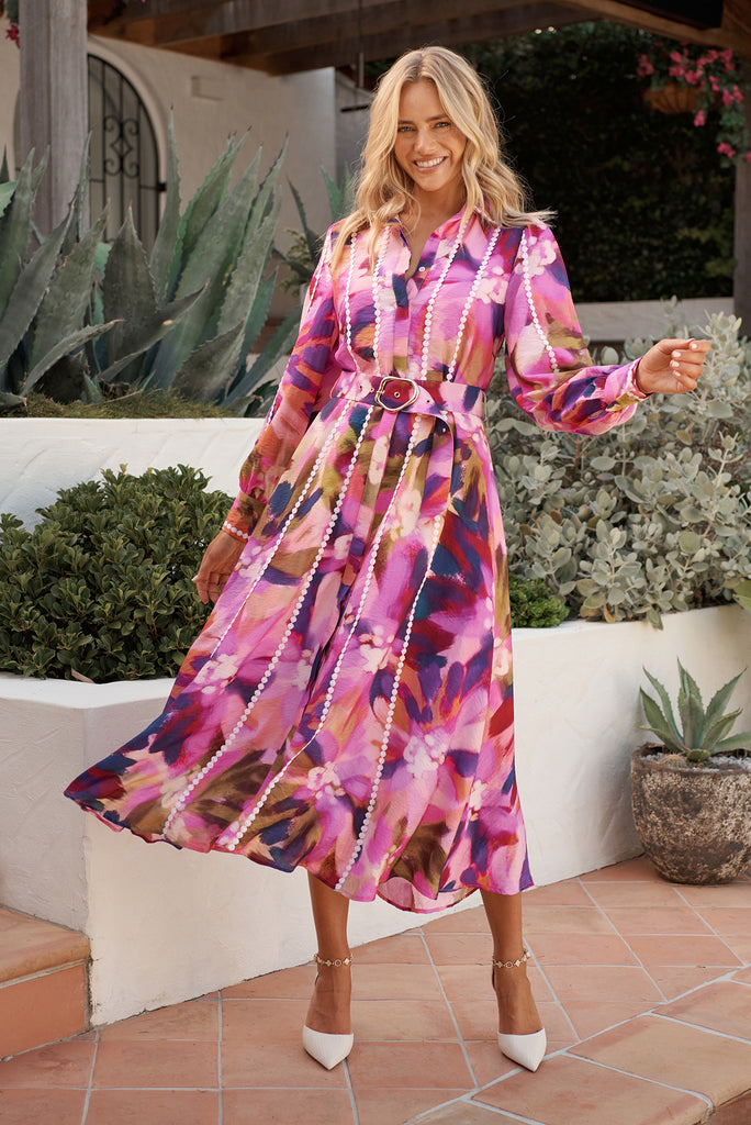 Lovingly Maxi Shirt Dress in Plum Multi Watercolour