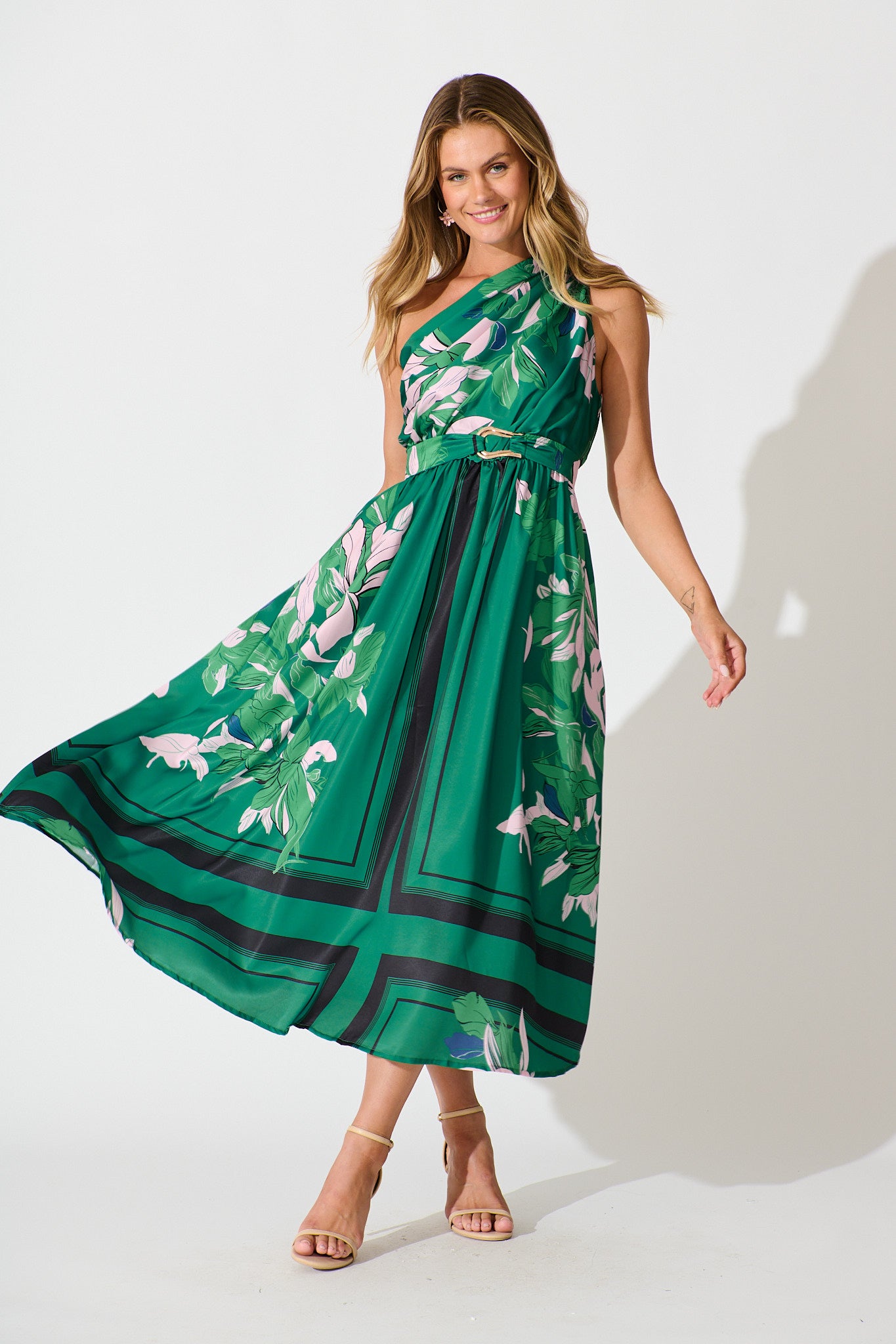Bernadette One Shoulder Midi Dress In Emerald Print Satin St Frock Bernadette One Shoulder Midi Dress In Emerald Print Satin St Frock