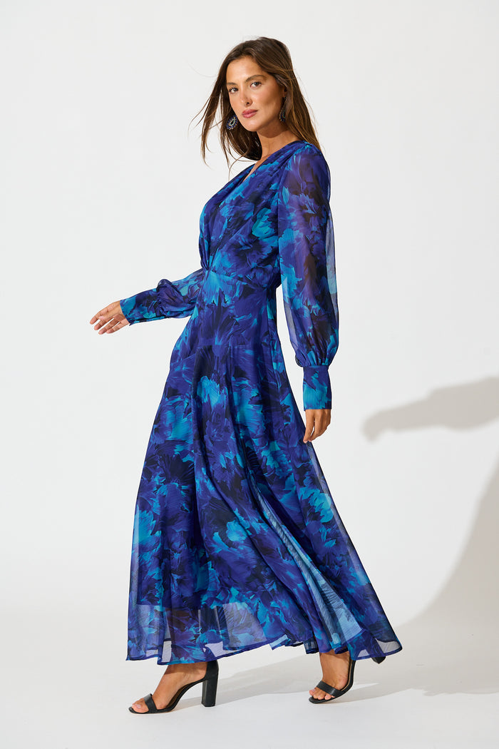 Martina Maxi Dress in Blue Watercolour Chiffon St Frock Martina Maxi Dress in Blue Watercolour Chiffon St Frock
