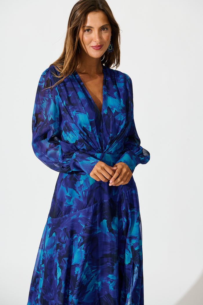 Martina Maxi Dress in Blue Watercolour Chiffon front