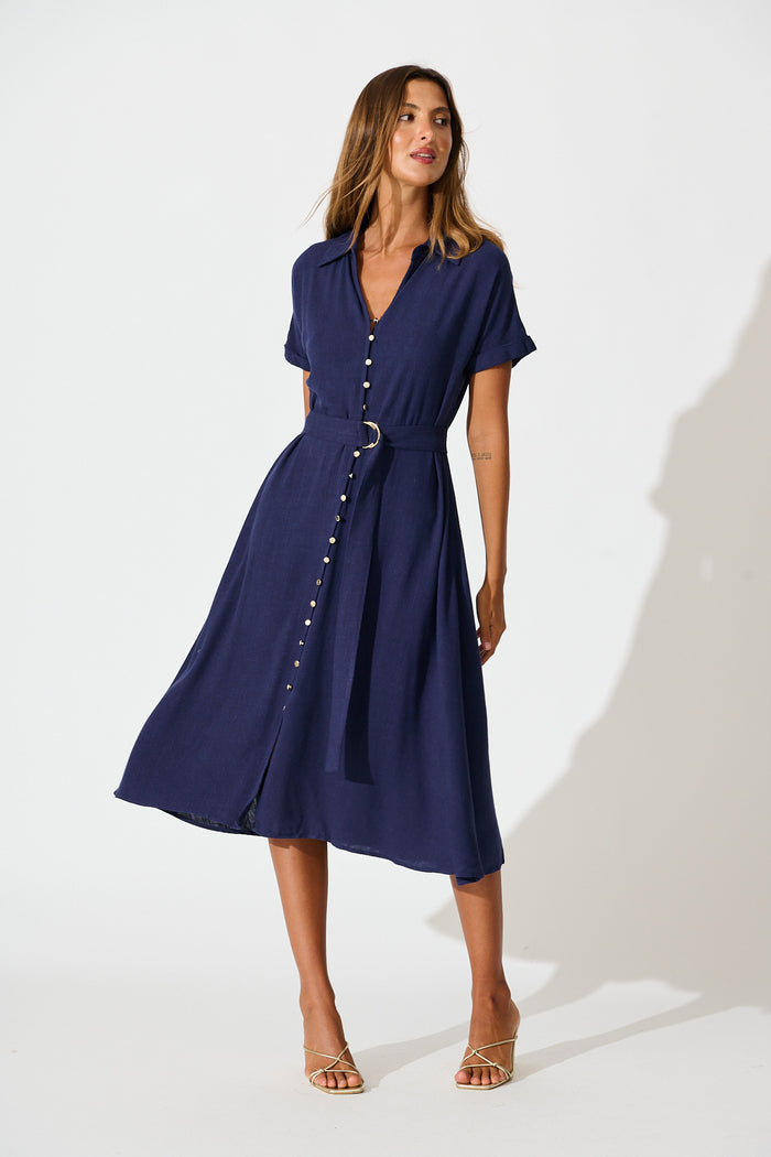 Alyssa Midi Shirt Dress in Navy Linen Blend full length