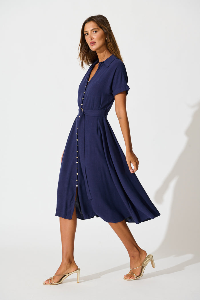 Alyssa Midi Shirt Dress in Navy Linen Blend side