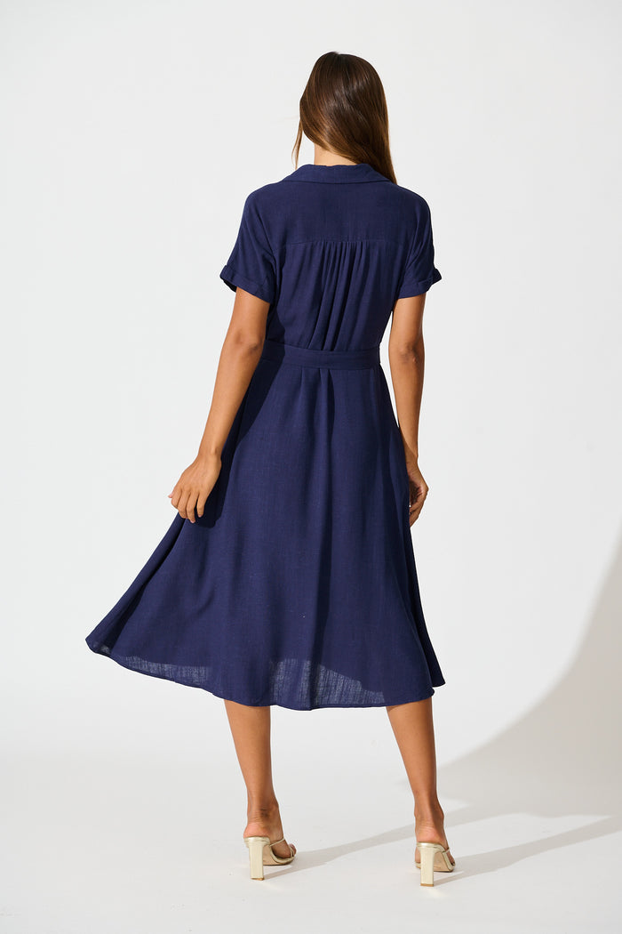 Alyssa Midi Shirt Dress in Navy Linen Blend back