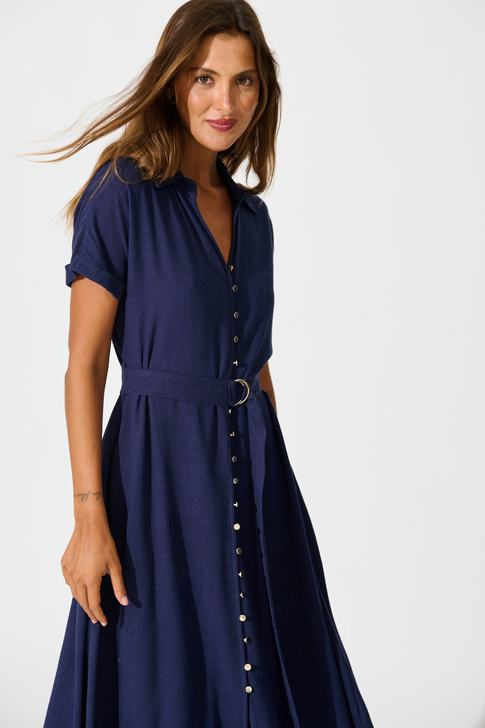 Alyssa Midi Shirt Dress in Navy Linen Blend front
