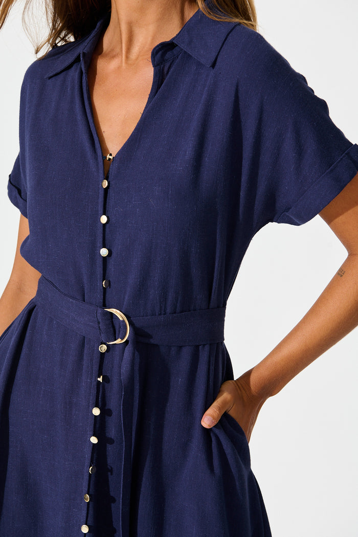 Alyssa Midi Shirt Dress in Navy Linen Blend detail