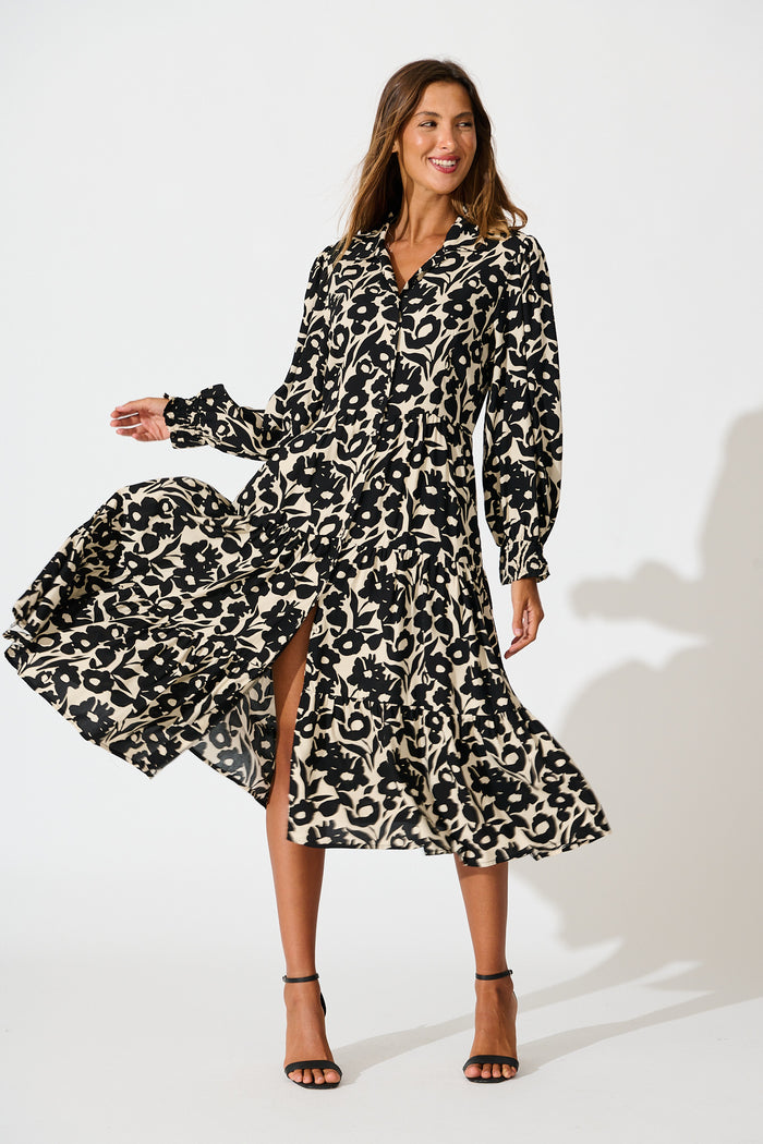Rumours Midi Shirt Dress in Black with Cream Floral full length