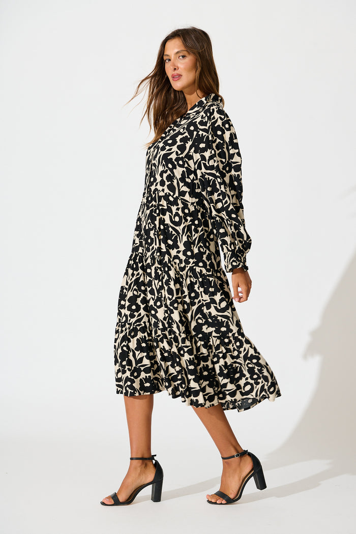 Rumours Midi Shirt Dress in Black with Cream Floral side