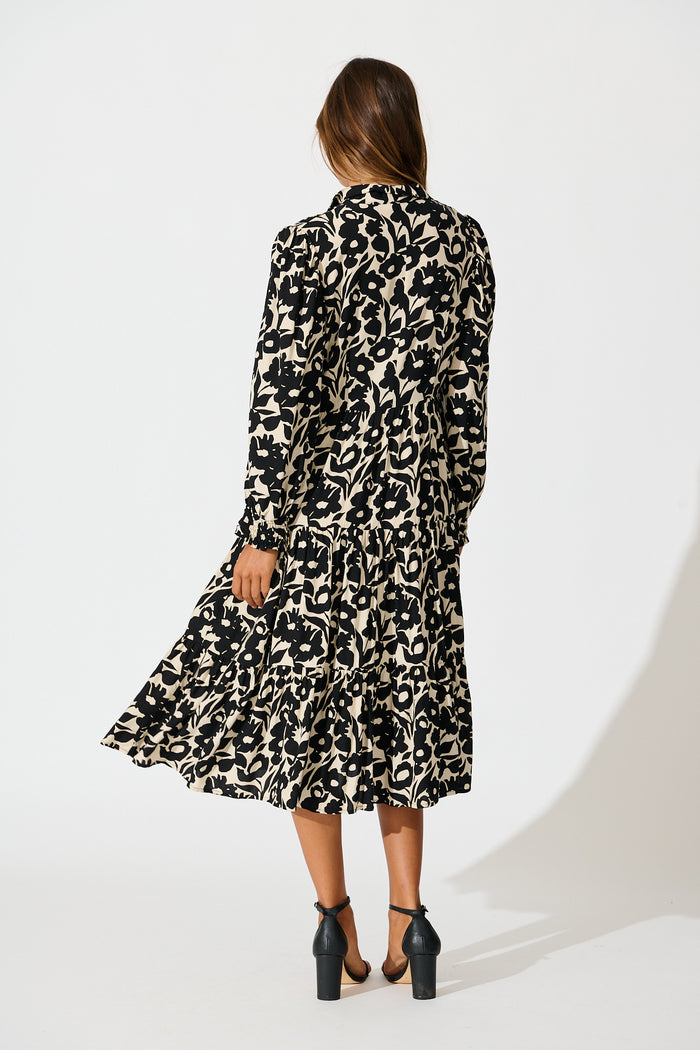 Rumours Midi Shirt Dress in Black with Cream Floral back