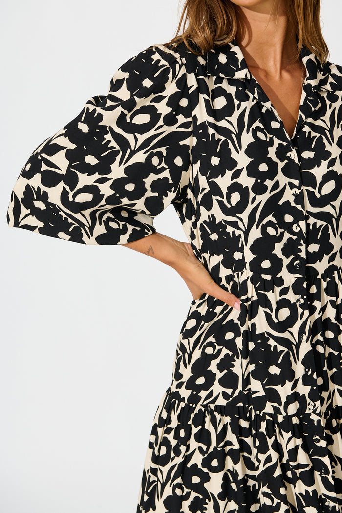 Rumours Midi Shirt Dress in Black with Cream Floral detail