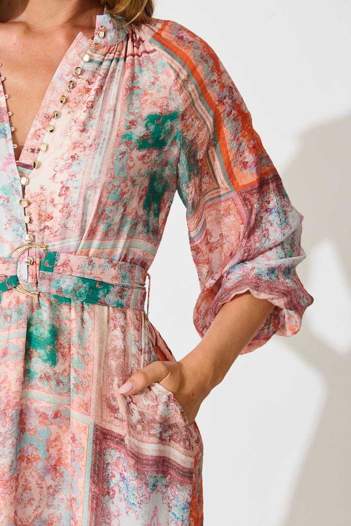 Sardina Midi Dress in Blush and Multi Patchwork Print detail