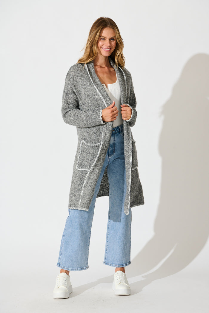 Laurita Knit Cardigan in Grey Marle Wool Blend full length