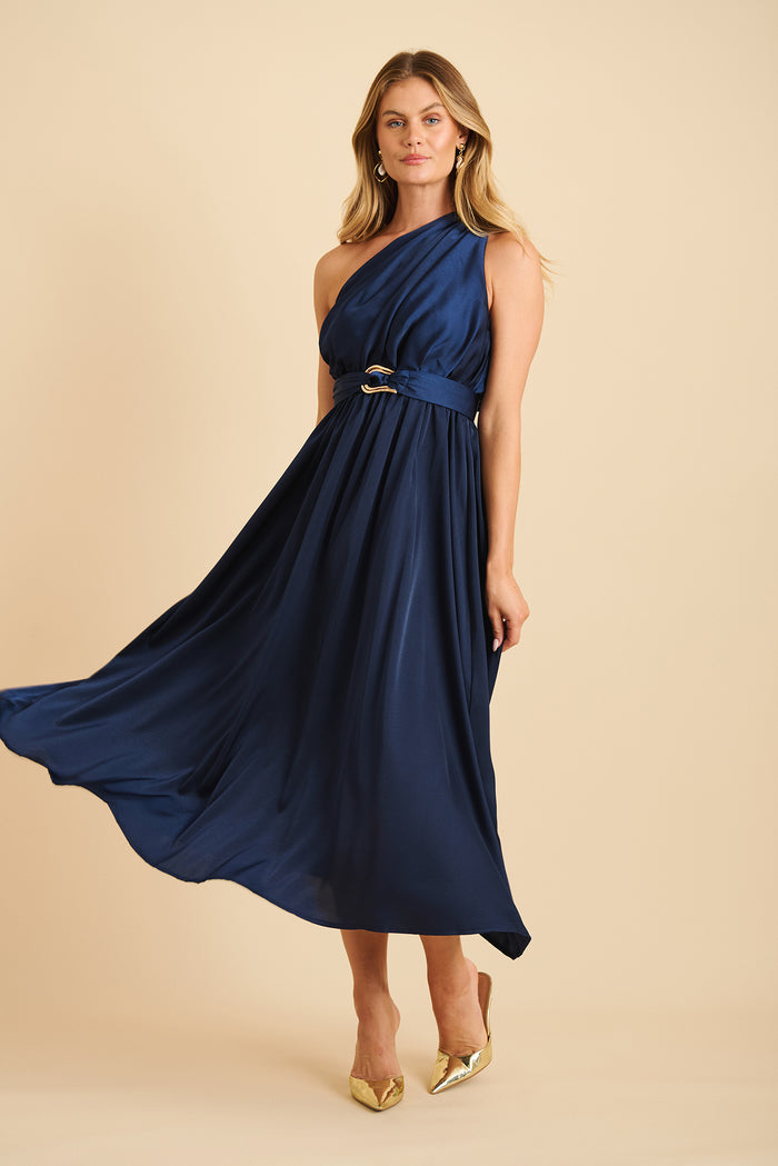 Bernadette One Shoulder Midi Dress In Navy Satin St Frock Bernadette One Shoulder Midi Dress In Navy Satin St Frock