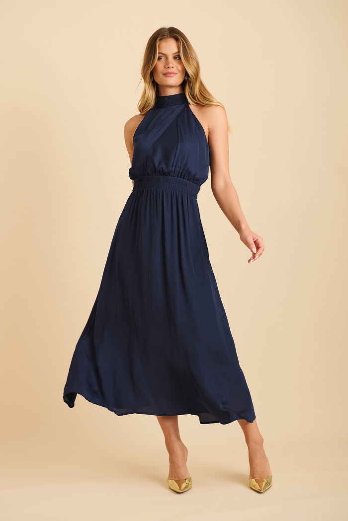 Costa Rica Halter Neck Maxi Dress in Navy Satin St Frock Costa Rica Halter Neck Maxi Dress in Navy Satin St Frock