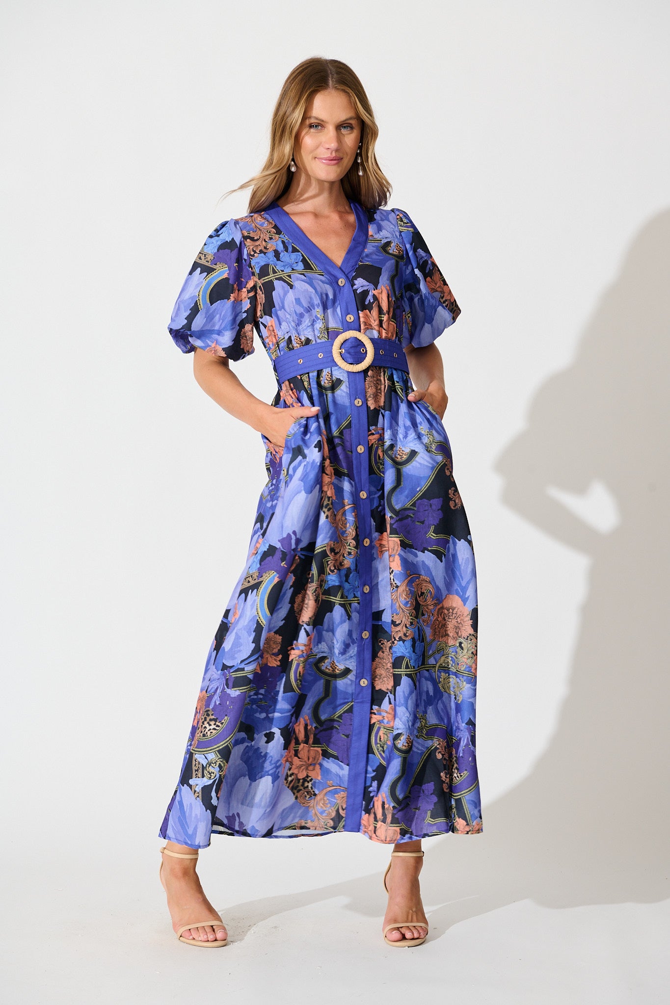 Mystical Bloom Maxi Dress in Blue with Multi Linen Blend – St Frock