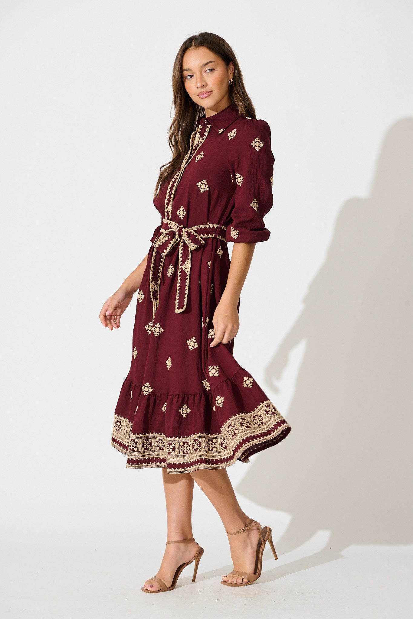 Nahla Midi Shirt Dress in Wine with Cream Embroidery St Frock Nahla Midi Shirt Dress in Wine with Cream Embroidery St Frock
