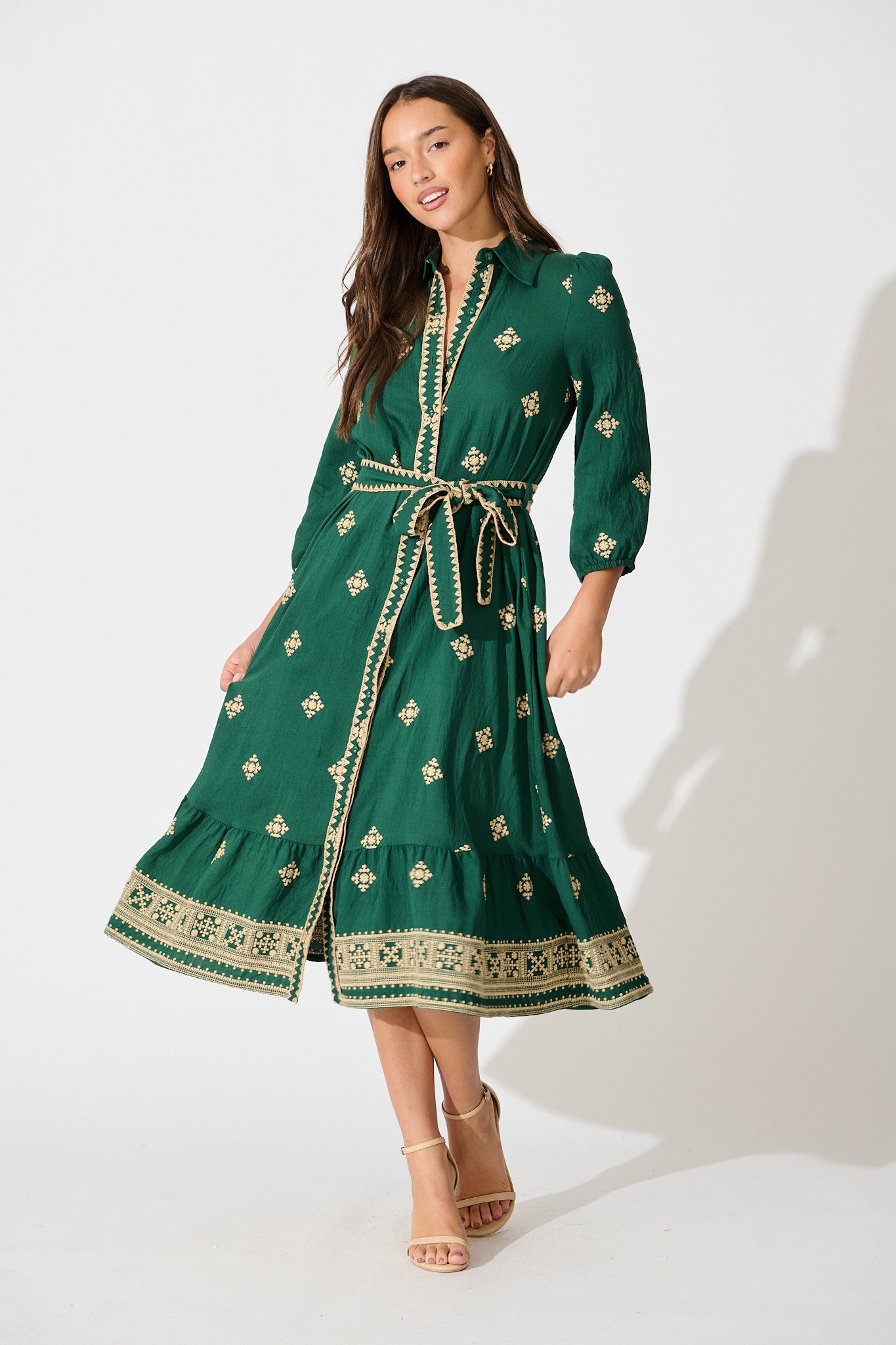 Nahla Midi Shirt Dress in Emerald with Cream Embroidery St Frock Nahla Midi Shirt Dress in Emerald with Cream Embroidery St Frock
