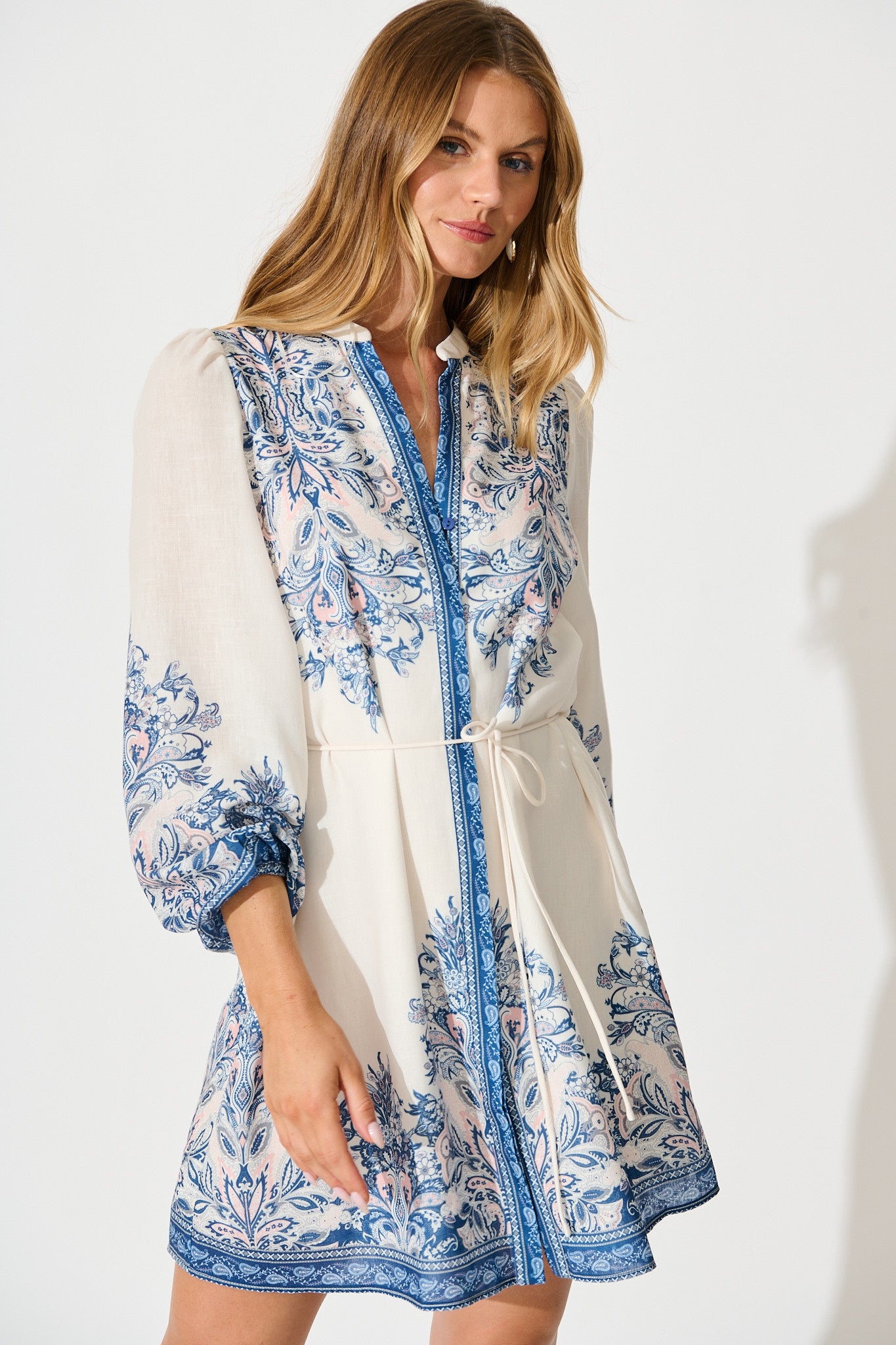 Rubie Dress in White with Blue Floral Print Linen Blend – St Frock