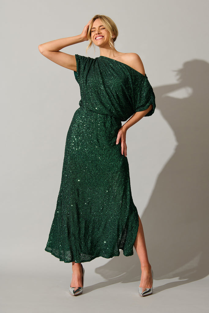 Amiri Off Shoulder Maxi Dress in Black Sequin
