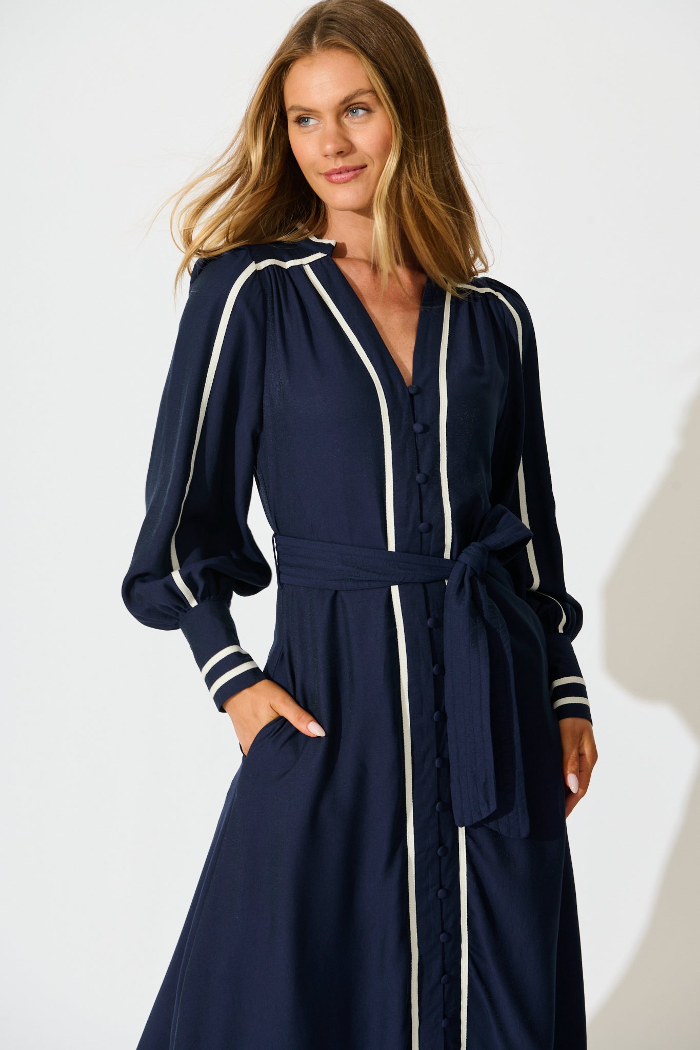 Terri Midi Dress in Navy with White Contrast Trim St Frock Terri Midi Dress in Navy with White Contrast Trim St Frock