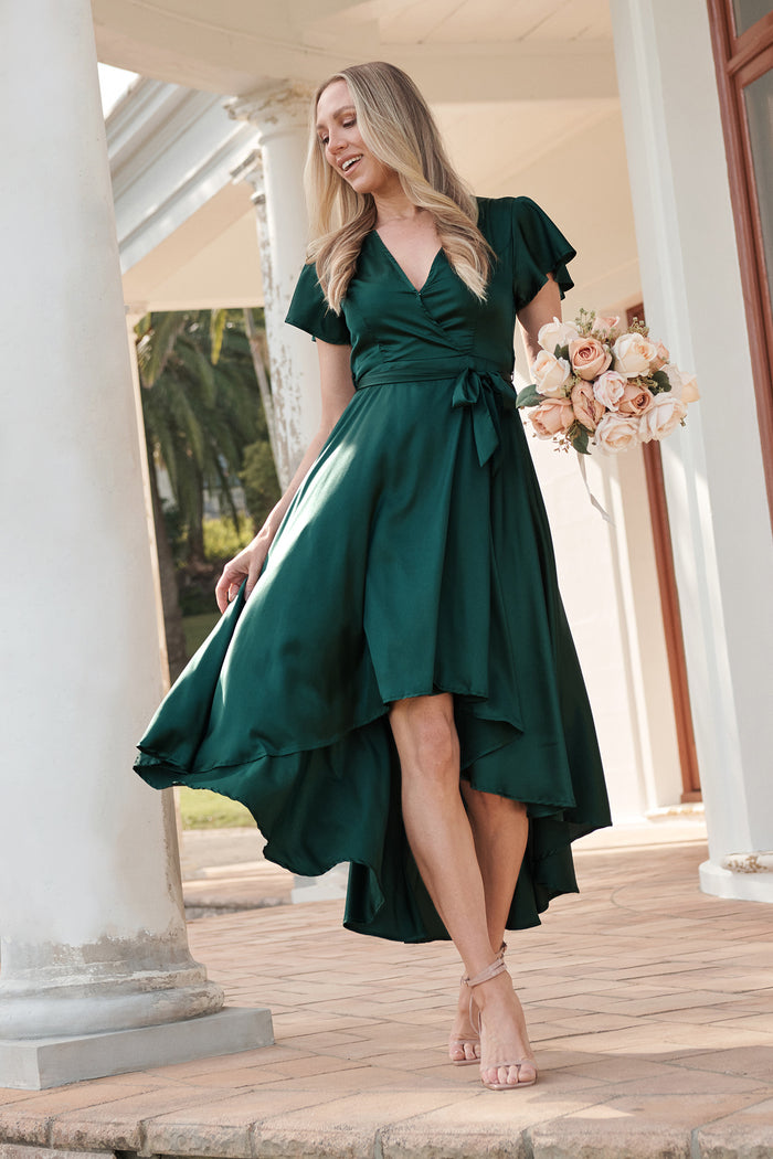 Loulou Maxi Dress In Emerald Satin campaign full length