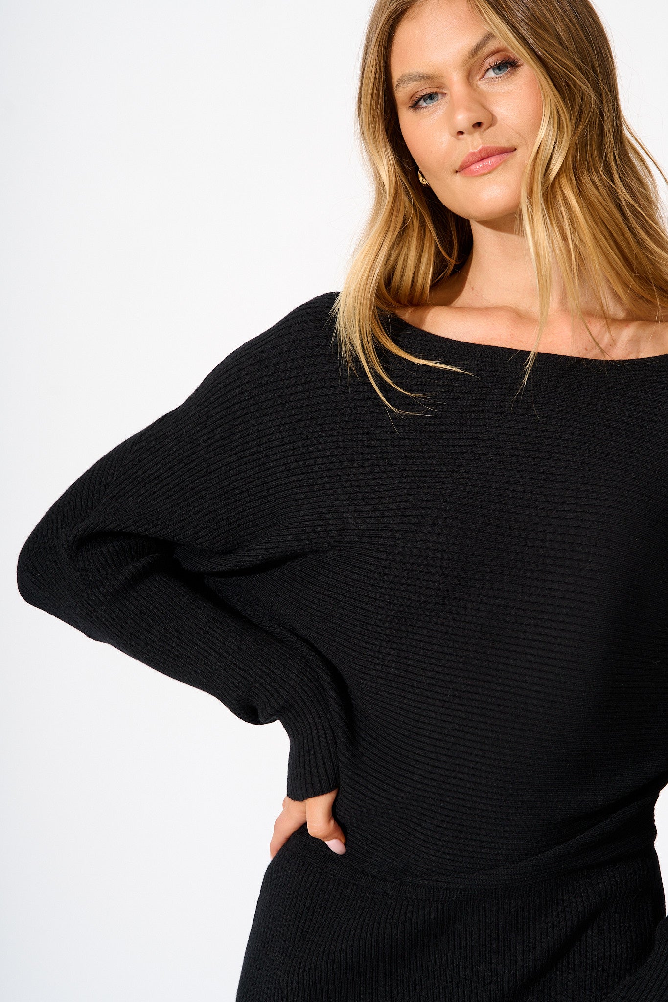 Kassia Off Shoulder Midi Knit Dress in Black – St Frock