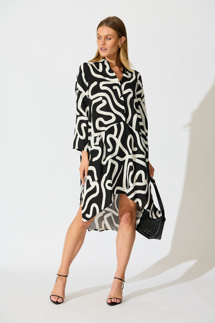 London Midi Smock Dress in Black and White Geometric Print St Frock London Midi Smock Dress in Black and White Geometric Print St Frock