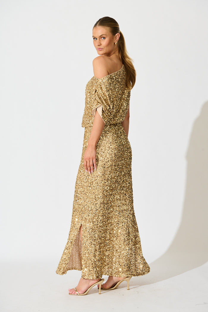 Amiri Off Shoulder Maxi Dress in Gold Sequin St Frock Amiri Off Shoulder Maxi Dress in Gold Sequin St Frock