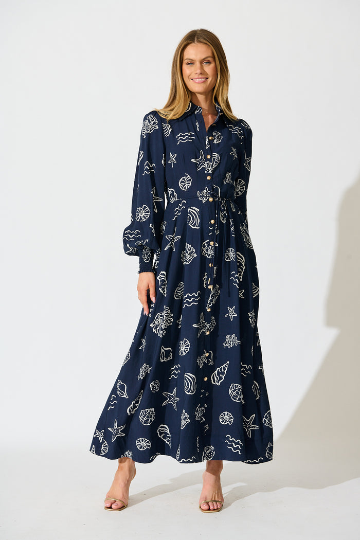 Celestial Reef Maxi Shirt Dress in Navy with White Shell Print St Frock Celestial Reef Maxi Shirt Dress in Navy with White Shell Print St Frock