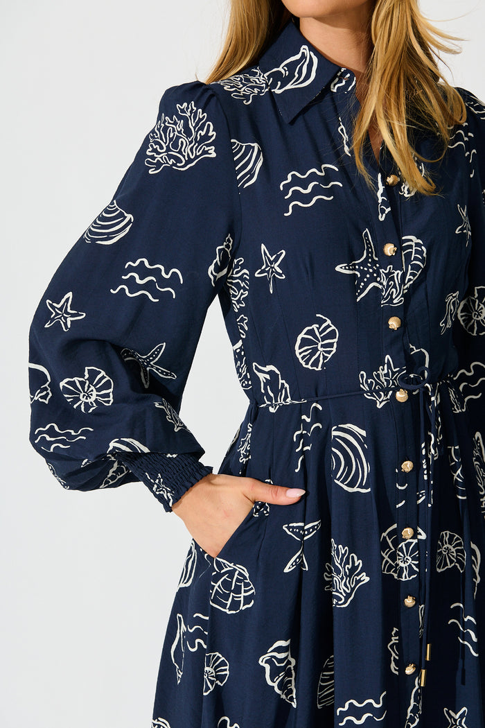 Celestial Reef Maxi Shirt Dress in Navy with White Shell Print St Frock Celestial Reef Maxi Shirt Dress in Navy with White Shell Print St Frock