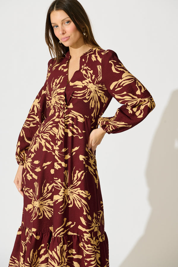 Flora Script Maxi Dress in Wine with Cream Print – St Frock