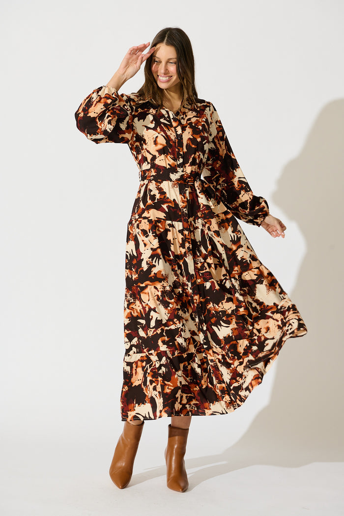 Loop Me Maxi Shirt Dress in Multi Brown Print Satin St Frock Loop Me Maxi Shirt Dress in Multi Brown Print Satin St Frock