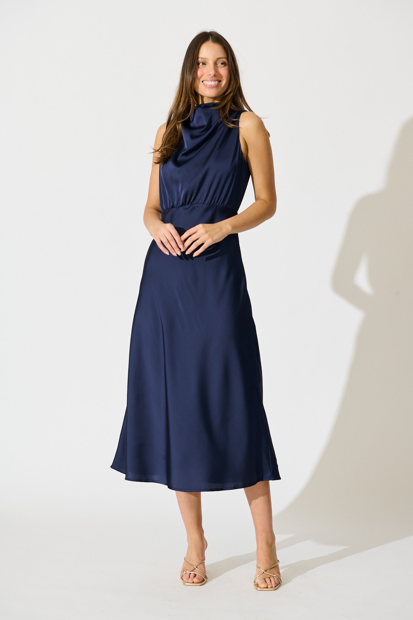 Vision of Love Midi Dress in Navy Satin full length