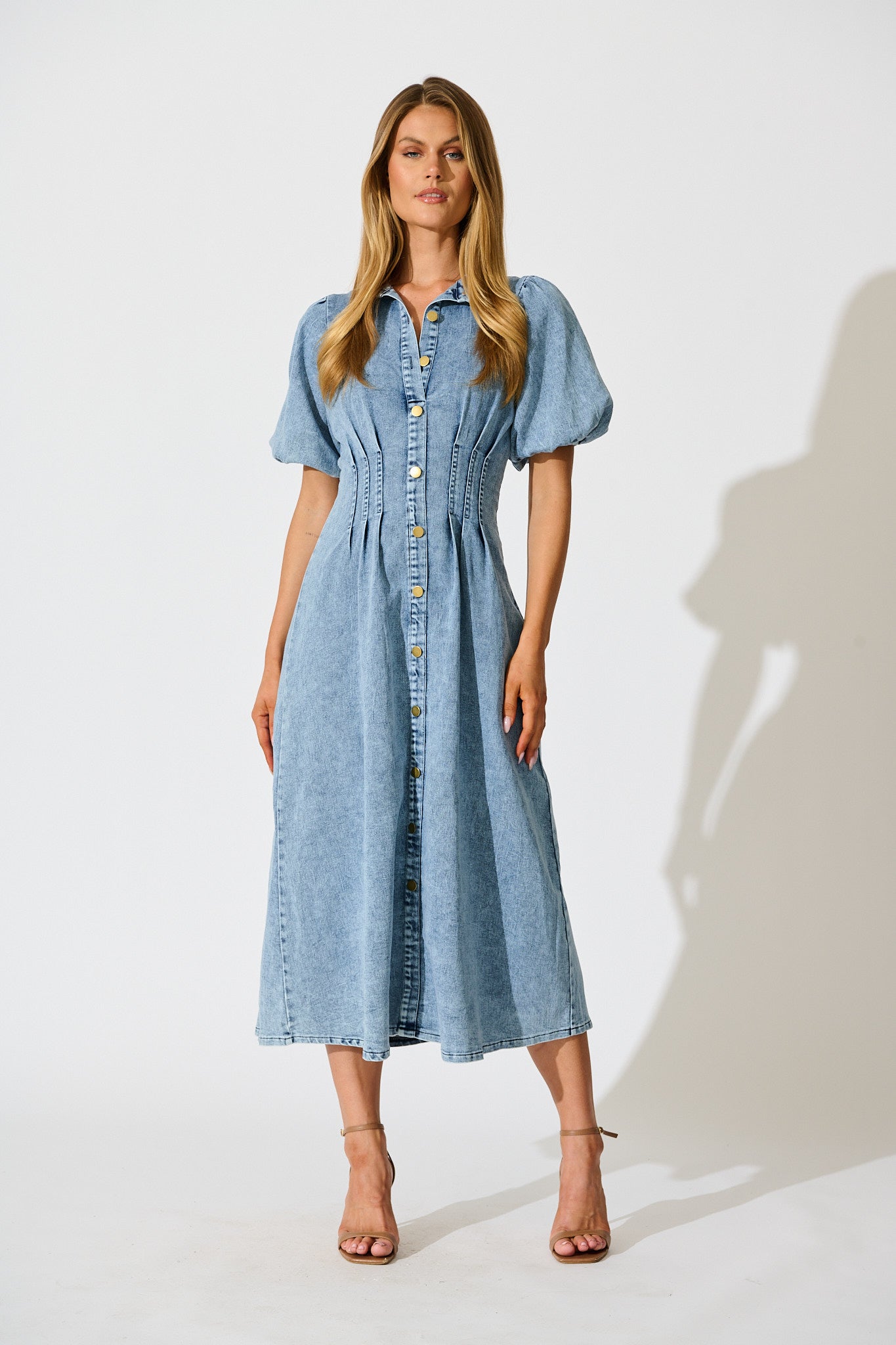 Fine Form Midi Dress in Mid Blue Denim full length