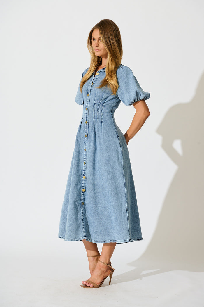 Fine Form Midi Dress in Mid Blue Denim side