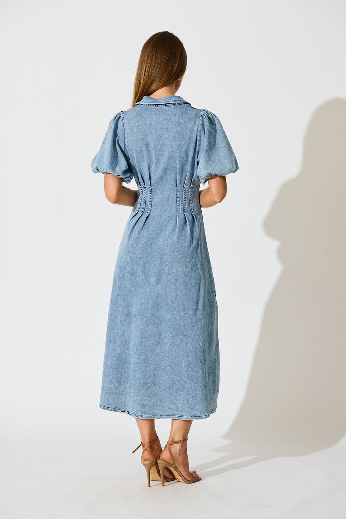 Fine Form Midi Dress in Mid Blue Denim back