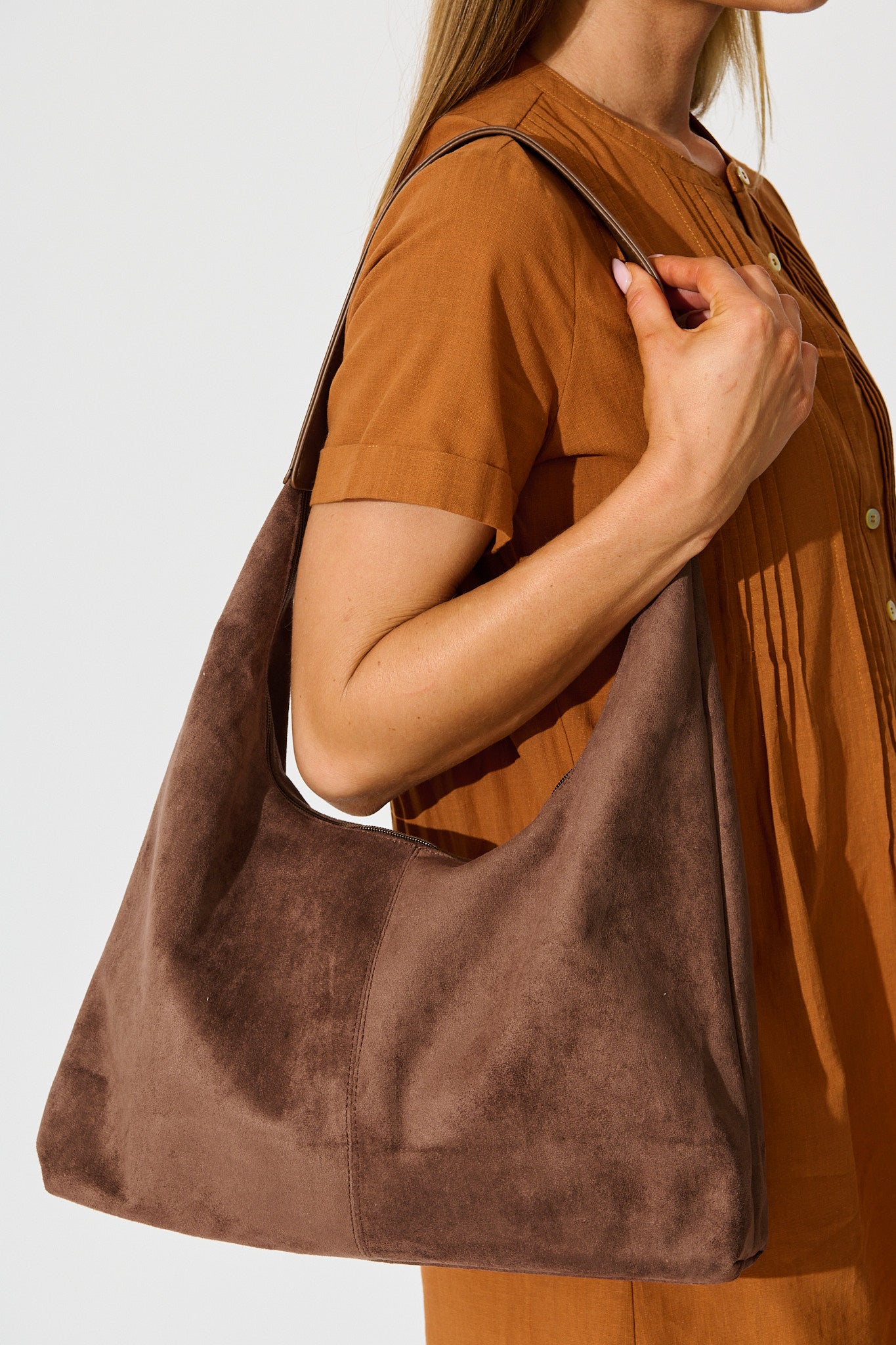 Corry Shoulder Bag in Chocolate Suedette on model side