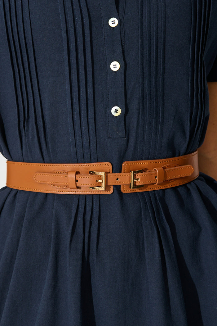 Jessie Belt in Tan Stretch on model crop
