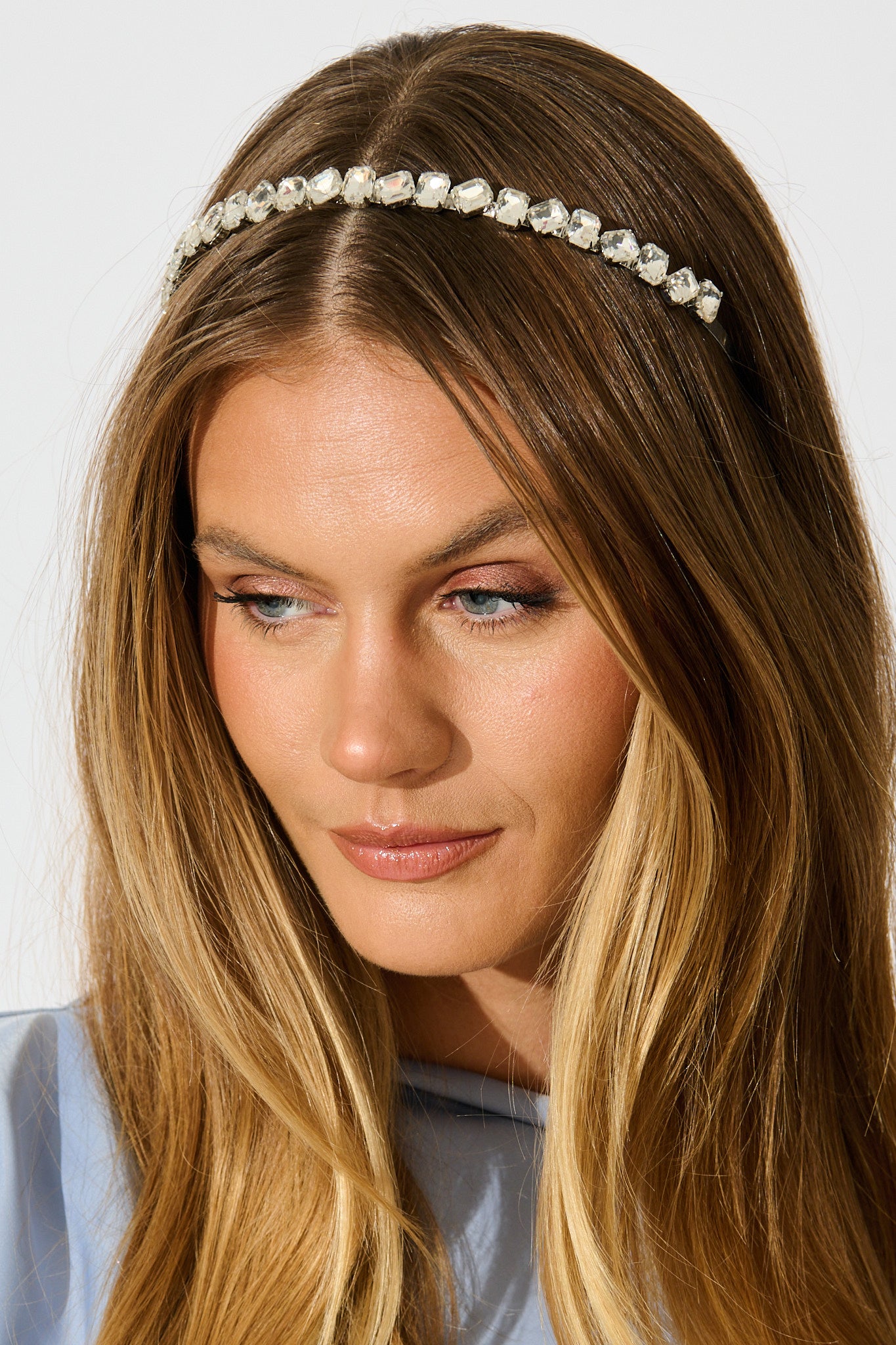 Piper Headband in Clear Diamante on model close up