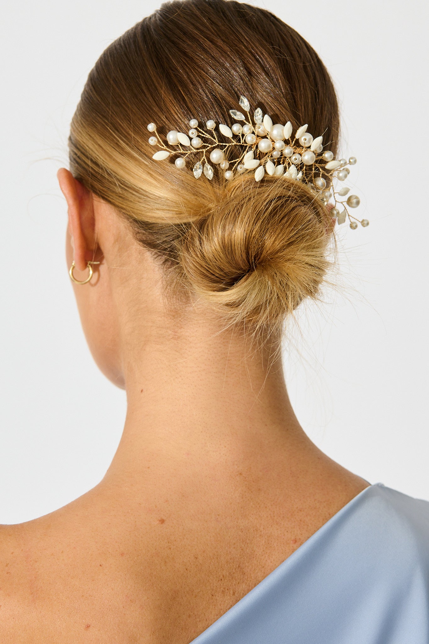 Leona Bridal Hair Comb Clip in Gold with Pearl on model back