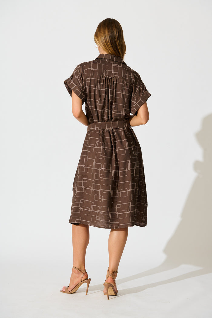 Hartlee Midi Shirt Dress in Brown Embroidery Linen Blend St Frock Hartlee Midi Shirt Dress in Brown Embroidery Linen Blend St Frock