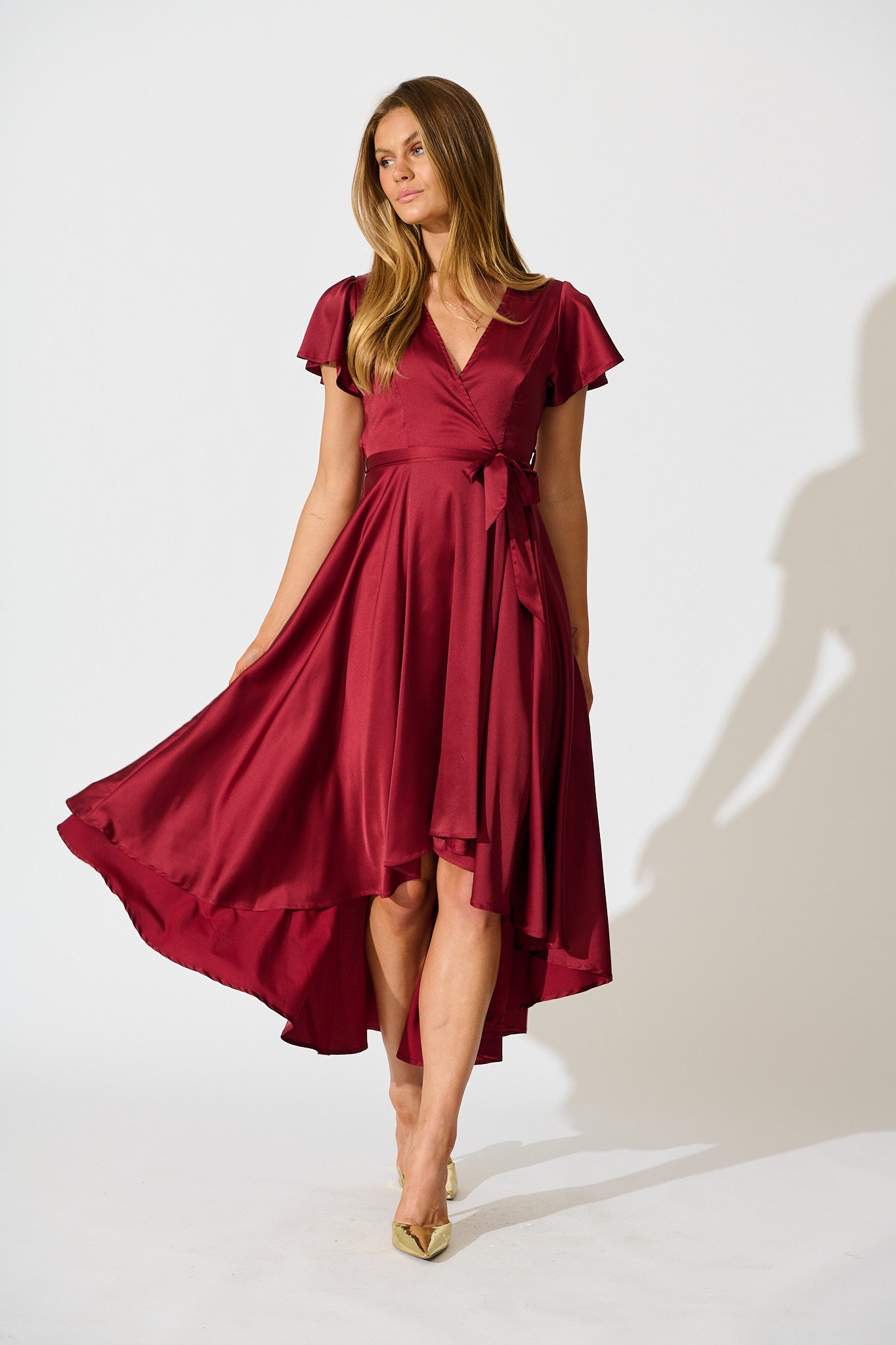 Loulou Maxi Dress in Wine Satin full length